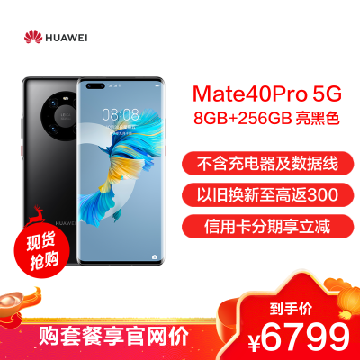 华为/HUAWEI Mate40 Pro 5G 8GB+256GB 亮黑色 麒麟9000 SoC芯片 超感知徕卡电影影像 有线无线双超级快充 全网通手机(无充电器及数据线)