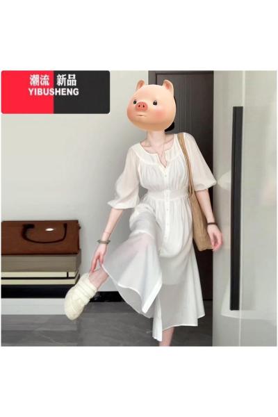 YIBUSHENG法式泡泡袖白色衬衫连衣裙子女季2024新款收腰显瘦半袖雪纺长裙