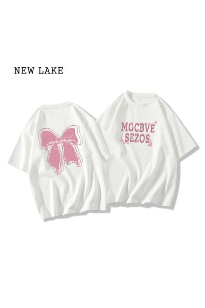 NEW LAKE设计感小众纯棉短袖t恤女宽松夏季新款oversize正肩情侣体恤上衣