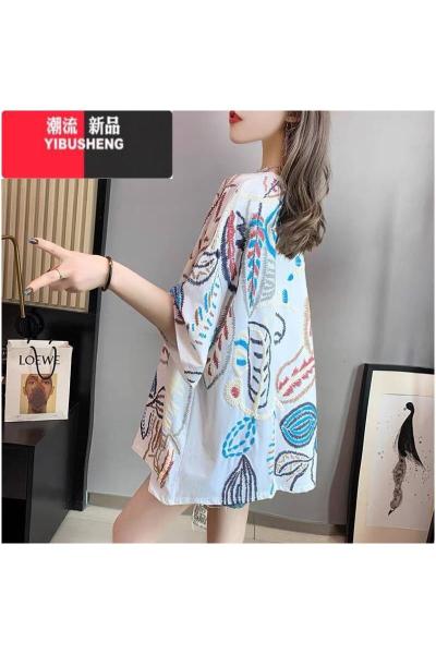 YIBUSHENG大码女装中国风短袖t恤女季2024新款宽松胖mm显瘦遮肚上衣T