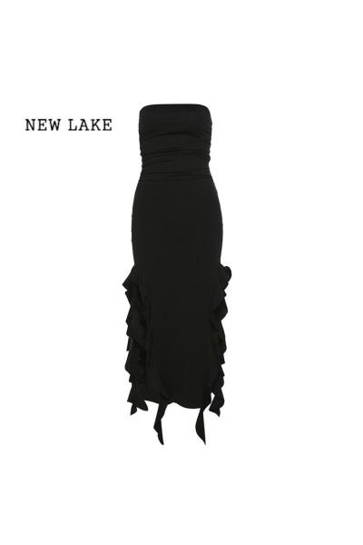 NEW LAKE 设计感复古小众黑色抹胸连衣裙女褶皱显瘦修身不规则中长裙