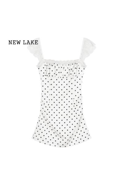 NEW LAKE法式蕾丝波点方领小飞袖连衣裙女夏季修身褶皱甜辣收腰包臀短裙子
