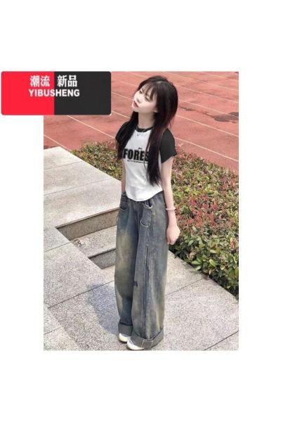 YIBUSHENG2024新款季不规则辣妹t恤女短袖修身拼接撞色显瘦插肩短款上衣