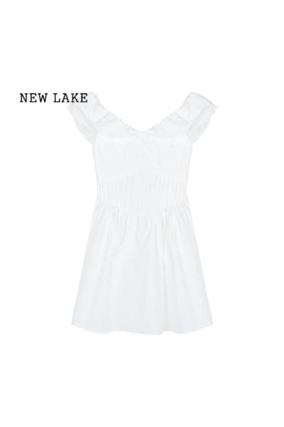 NEW LAKE法式气质一字肩白色连衣裙女装夏季气质小众收腰裙子设计感a字裙