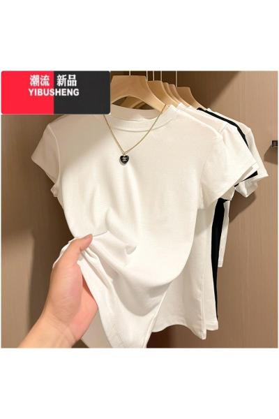 YIBUSHENG2024新款短袖t恤女正肩白色季半高领上衣服修身体恤打底衫内搭