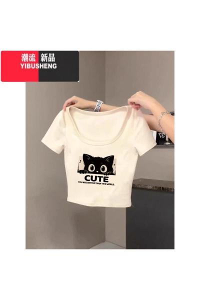 YIBUSHENG短袖t恤女ins正肩杏色修身显瘦可爱猫咪印花高腰辣妹短款上衣潮
