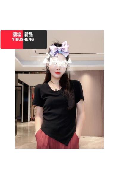 YIBUSHENG2024新款设计感小众独特别致上衣大码胖mm遮肉正肩短袖白色T恤女