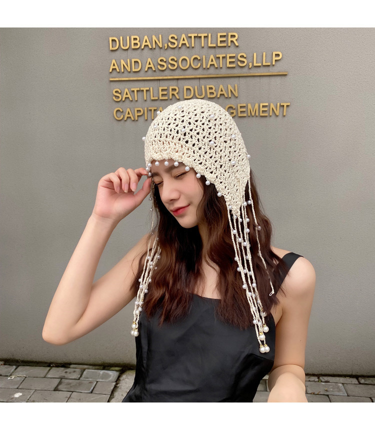 栀锦 帽子女春夏手工珍珠公主帽甜美流苏时尚镂空帽棉线复古文艺包头