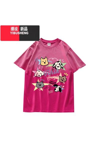 YIBUSHENG渐变玫红色短袖T恤女2024季新款多巴胺宽松半袖火龙果上衣
