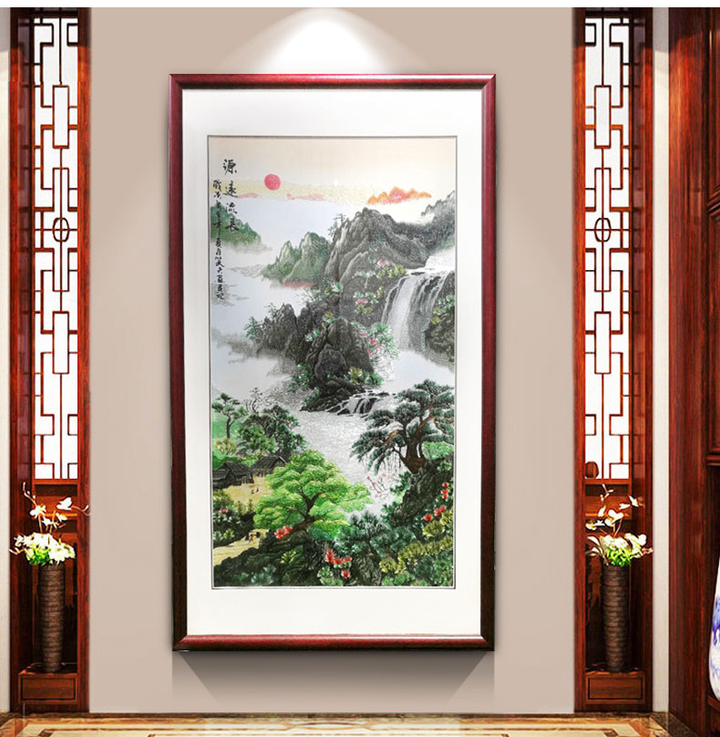 祺匠屋苏绣玄关装饰画湘绣客厅山水画国画源远流长刺绣画带框成品竖版