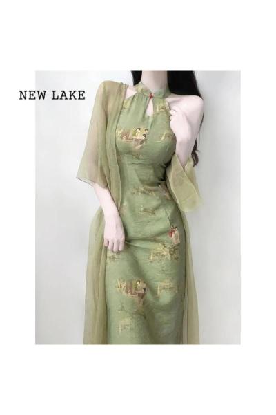 NEW LAKE大码胖妹妹新中式古风改良旗袍少女高端气质精致挂脖连衣裙女夏季