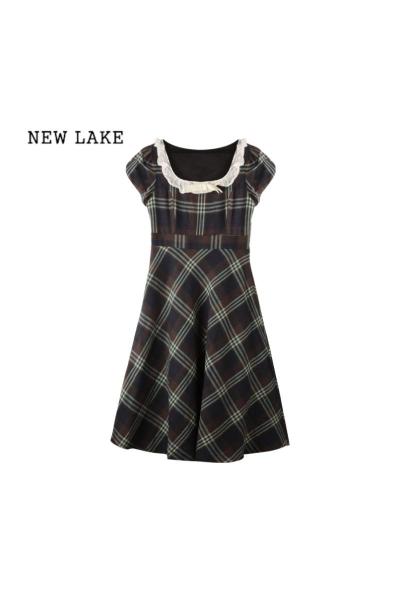NEW LAKE方领复古气质格子连衣裙女夏季修身高级感蕾丝拼接收腰中长款裙子