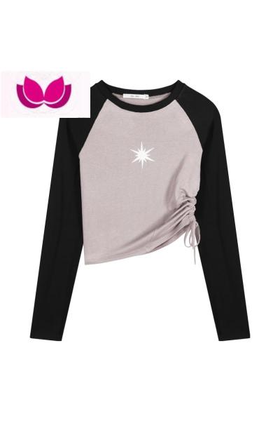 七斓美式复古抽绳长袖T恤女装春季印花插肩袖性感拼色短款上衣打底衫