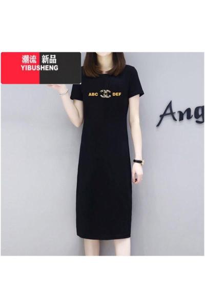 YIBUSHENG小个子高端大码微胖显瘦长款t恤裙季女装新款遮肚子连衣裙