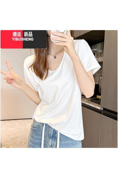 YIBUSHENG韩系白色v领正肩宽松短袖t恤女季2024新款内搭打底衫辣妹上衣薄