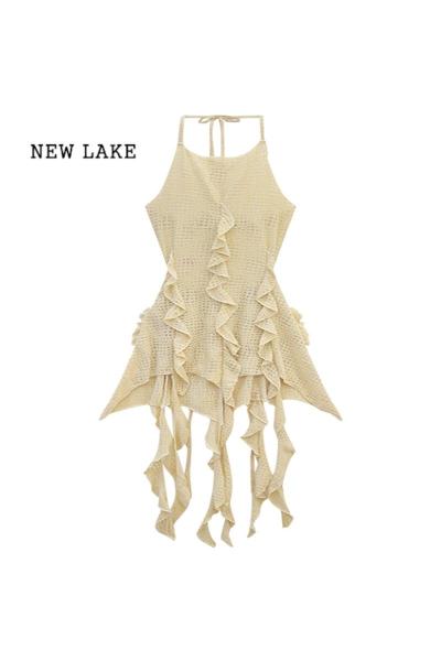 NEW LAKE法式性感挂脖吊带连衣裙小众设计感女夏季2024新款收腰气质短裙子