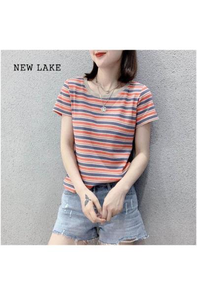 NEW LAKE2024夏季新款女士纯棉短袖t恤条纹上衣服女装体恤修身小个子