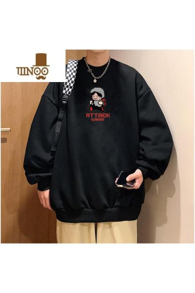 YANXU美式圆领卫衣男士潮牌卡通印花宽松长袖内搭春装上衣服H