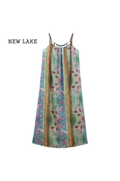 NEW LAKE新中式复古碎花吊带连衣裙女春季2024新款设计感显瘦百搭度假长裙