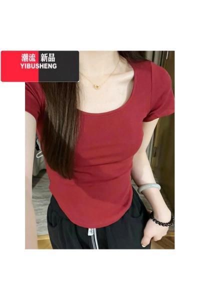 YIBUSHENG圆领纯欲短款掐腰上衣女季2024新款紧身甜辣妹正肩红色短袖t恤
