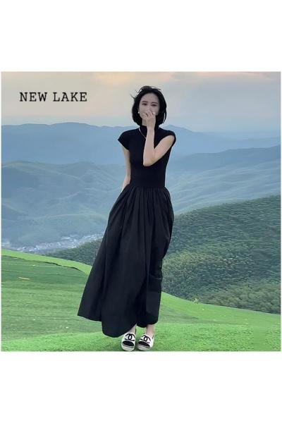 NEW LAKE赫本风黑色连衣裙子2024夏季新款女装法式气质高级感显瘦长裙
