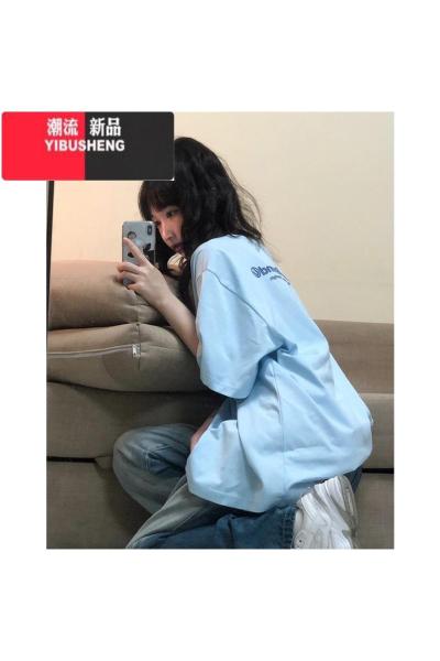 YIBUSHENG浅蓝色短袖t恤女季新款宽松美式高街设计感小众半袖上衣ins