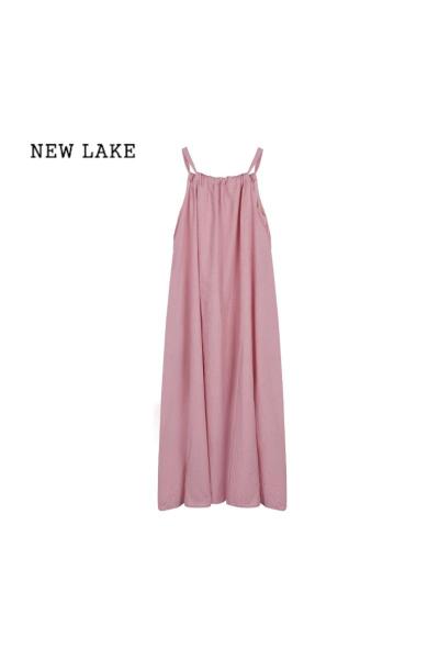 NEW LAKE度假风晕染粉色吊带连衣裙女夏季宽松A字裙显瘦中长裙子