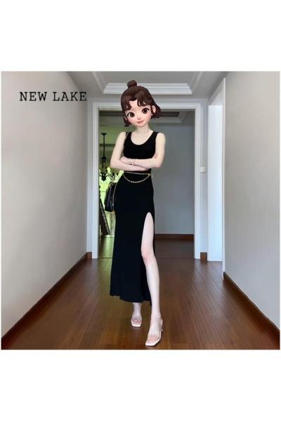 NEW LAKE法式气质黑色修身收腰显瘦开叉连衣裙子女夏季高级感长裙2024新款