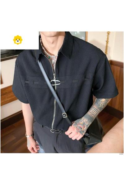 FISH BASKET季新款华夫格设计感拉链衬衫男韩版高级小众金属痞帅短袖衬衣潮
