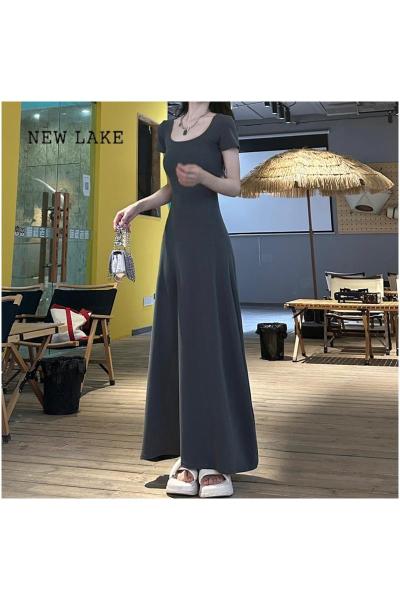 NEW LAKE法式方领灰色连衣裙子女夏季2024新款气质收腰显瘦高级感a字长裙