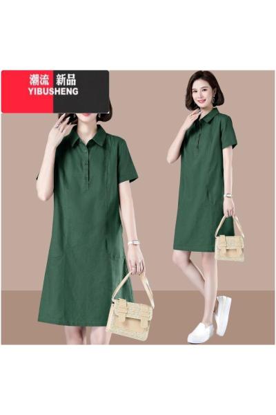 YIBUSHENG棉麻连衣裙女季2024新款妈妈气质显瘦休闲短袖衬衫裙亚麻直筒裙