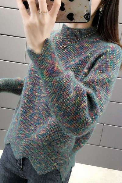 加绒/不加绒秋冬半高领针织打底衫宽松加厚毛衣女