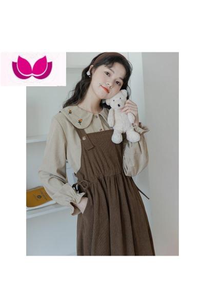 七斓灯芯绒背带套装连衣裙女装2023年新款森系套裙子小个子