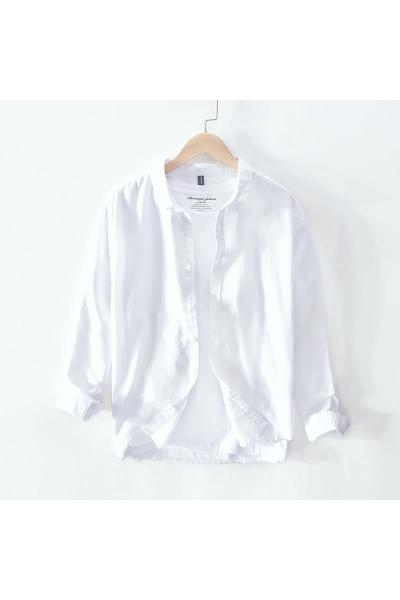 SUNTEK高级感衬衫男设计感日系白色长袖上衣服春季亚麻宽松棉麻料衬衣寸衬衫