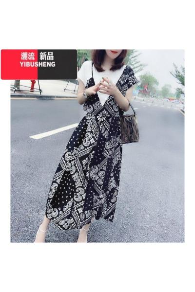 YIBUSHENG短袖t恤雪纺长款上衣过膝假两件季2023新款胖mm大码碎花连衣裙
