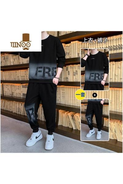 YANXU男士卫衣2023春装新款圆领宽松无帽潮上衣服休闲运动服套装