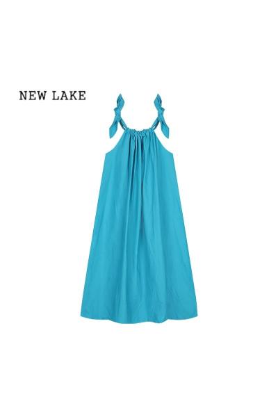 NEW LAKE度假风系带吊带连衣裙女夏季宽松显瘦A字裙蓝色中长裙子