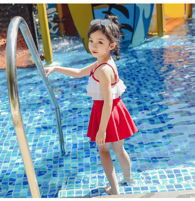 儿童泳衣女童中大童连体裙式女童游泳衣可爱婴幼儿宝宝女童泳装 红色