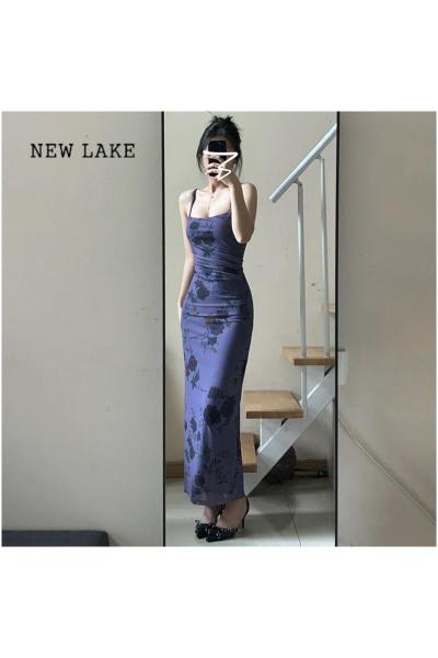 NEW LAKE2024初春季新款夏装韩系穿搭紫色法式吊带连衣裙子女显瘦包臀长裙