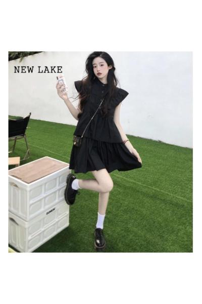 NEW LAKE法式赫本风小飞袖黑色连衣裙女夏季2024新款高级感小个子气质短裙