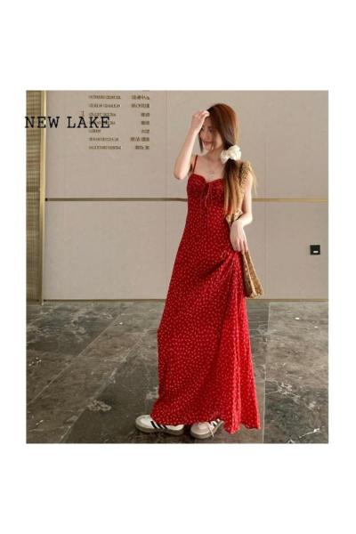 NEW LAKE2024新款夏季韩版纯欲红色碎花吊带裙法式度假显瘦气质长连衣裙女