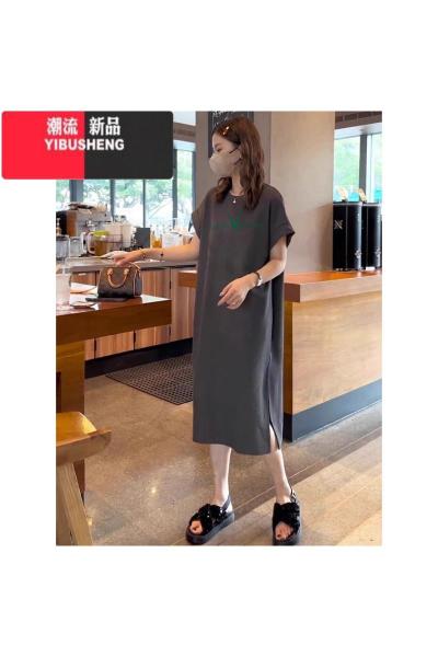 YIBUSHENG短袖t恤开叉连衣裙女季中长款过膝休闲长裙子大码减龄衣服