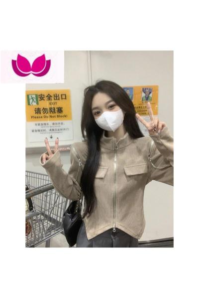 七斓设计感立领拉链开衫T恤春季2023新款时尚修身显瘦短款上衣女装潮