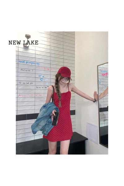 NEW LAKE法式红色波点吊带连衣裙女夏季甜辣妹收腰小个子海边度假a字短裙