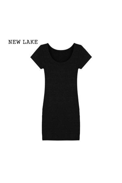 NEW LAKE温柔风高级感灰色短袖连衣裙女夏季气质收腰包臀裙修身显瘦长裙子