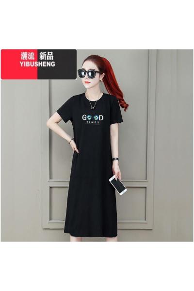 YIBUSHENG2024年季新款中长款减龄休闲裙大码宽松时尚过膝短袖t恤连衣裙