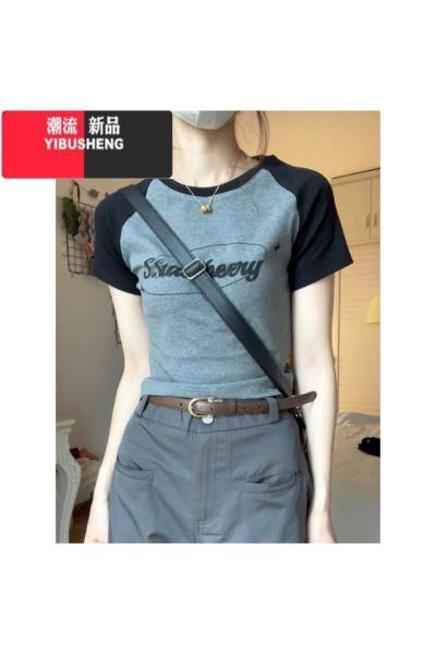 YIBUSHENG美式复古撞色插肩短袖t恤女大码胖mm微胖修身显瘦短款正肩上衣