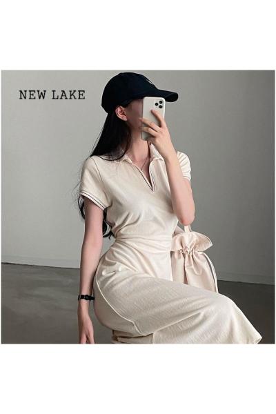 NEW LAKE韩国chic夏季法式复古POLO领撞色镶边收腰显瘦短袖A字型连衣裙女
