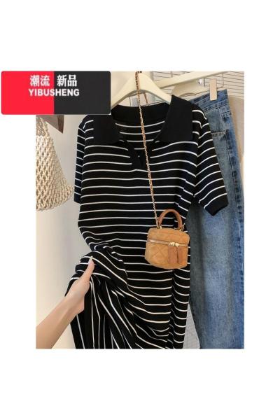 YIBUSHENG胖妹妹季短袖针织条纹polo衫连衣裙女2024新款中长款过膝t恤裙