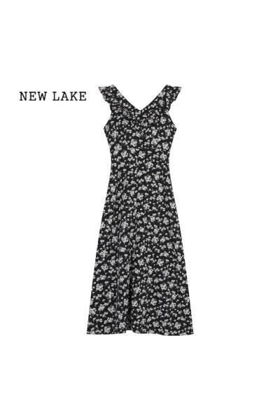 NEW LAKE法式复古碎花裙连衣裙女夏季度假风气质修身包臀裙长裙子